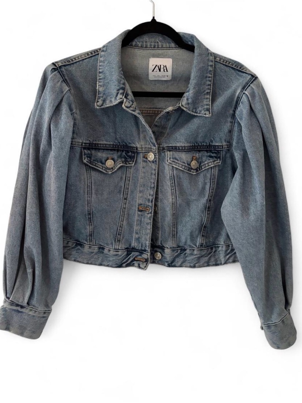 ZARA Light Blue Cropped Denim Jacket with Puffed Sleeves size L
